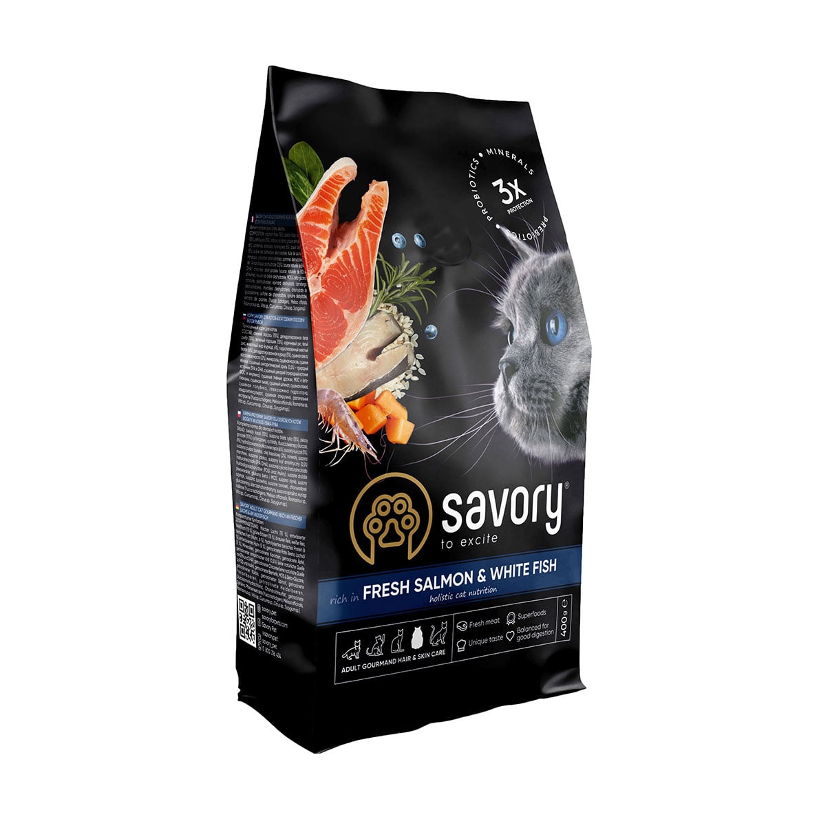 Сухий корм для довгошерстих дорослих кішок Savory Adult Gourmand Fresh Salmon &amp; White Fish з лососем та білою рибою, 400 г